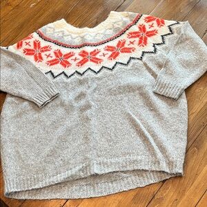 Aerie Gray Crewneck Sweater with Coral & Black Fair Isle Yoke